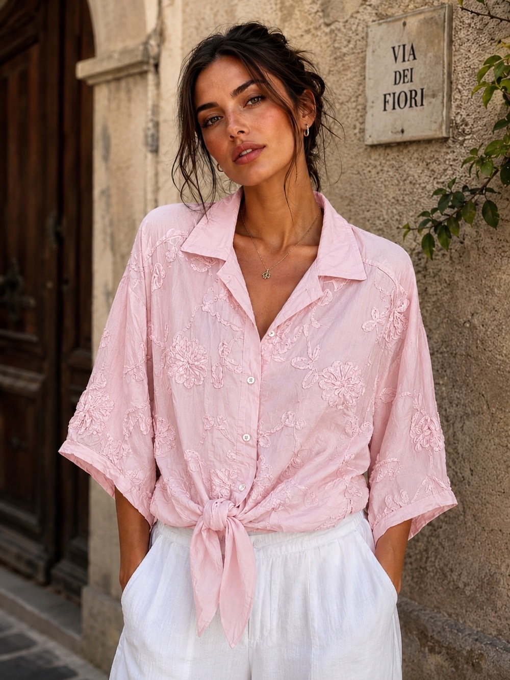 IT77. From Italy 🇮🇹 Embroidered Tie-Front Shirt - Women
